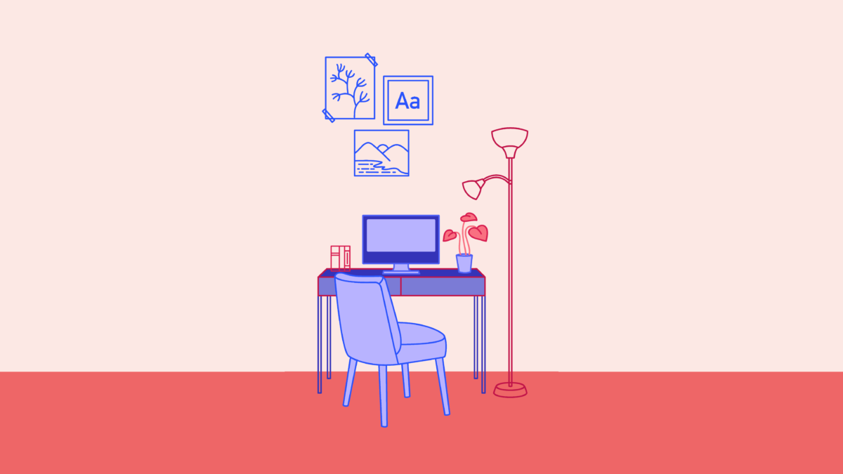 Pink room, red-ish carpet. A purple desk with purple computer and desk chair, in a small office. There are purple illustrations on the wall and there is a pink lamo beside the desk.